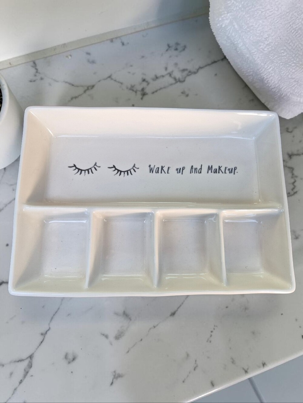 Rae Dunn Ceramic "Wake Up And Makeup" Divided Trinket Tray